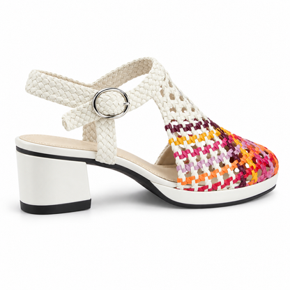 Vesba 3cm — White with a multicolored woven front woven shoe with a block heel, rear angled view — Scarpe Handmade