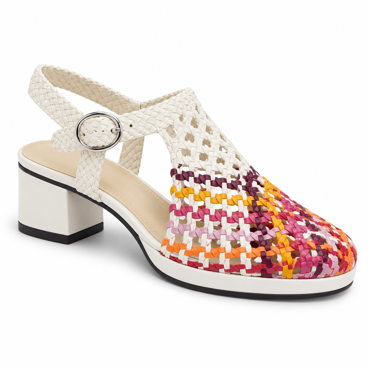 Vesba 3cm — White with a multicolored woven front woven shoe with a block heel, top angled view — Scarpe Handmade