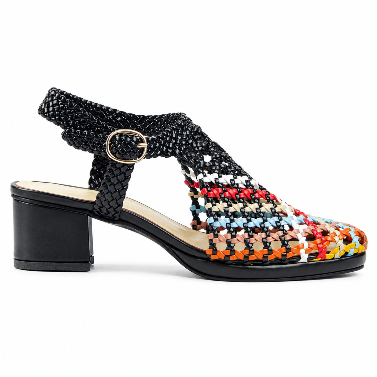 Vesba 3cm — Black with a multicolored woven front woven shoe with a block heel, side view — Scarpe Handmade