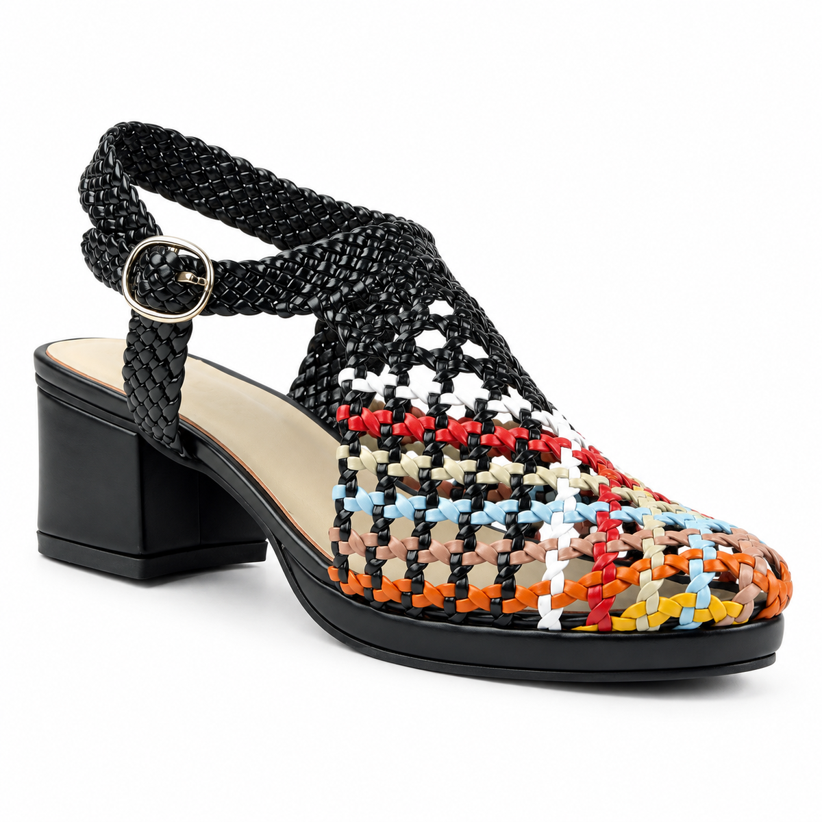 Vesba 3cm — Black with a multicolored woven front woven shoe with a block heel, front angled view — Scarpe Handmade