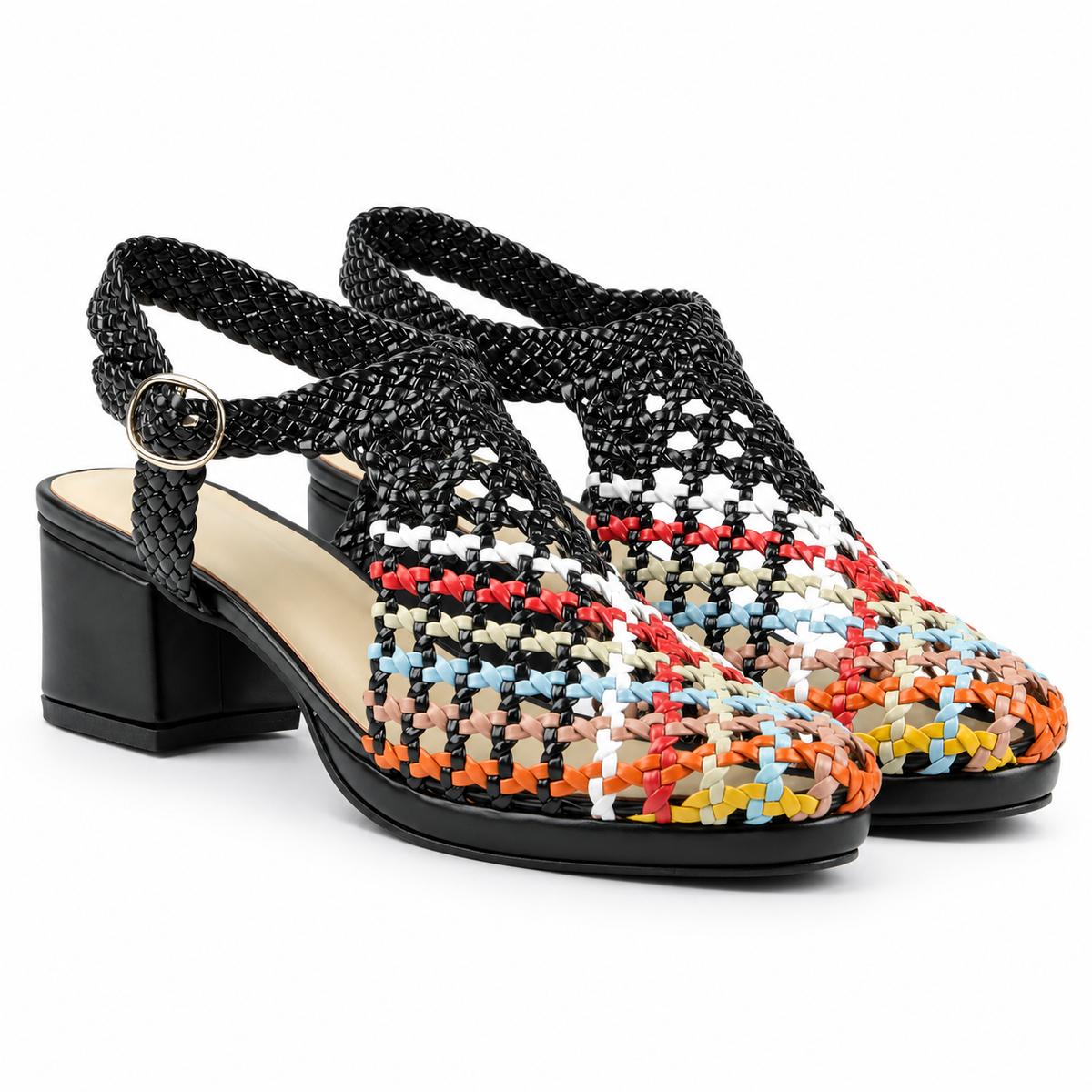 Vesba 3cm — Black with a multicolored woven front woven shoe with a block heel, pair, front angled view — Scarpe Handmade