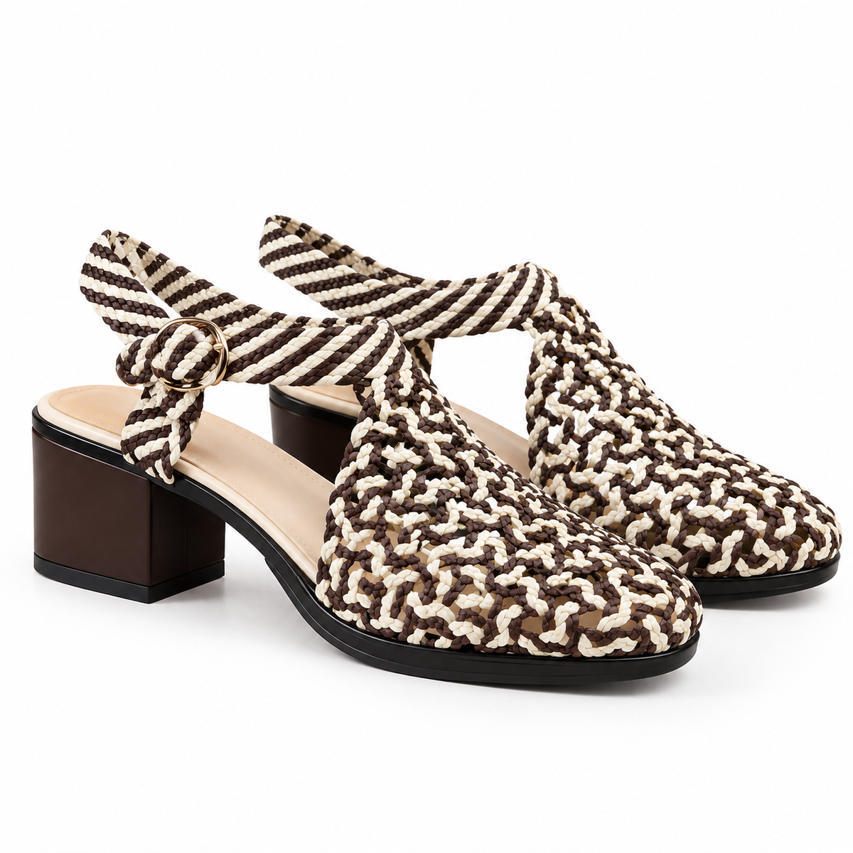 Vesba 3cm — Brown-and-cream patterned woven shoe with a block heel, pair, front angled view — Scarpe Handmade