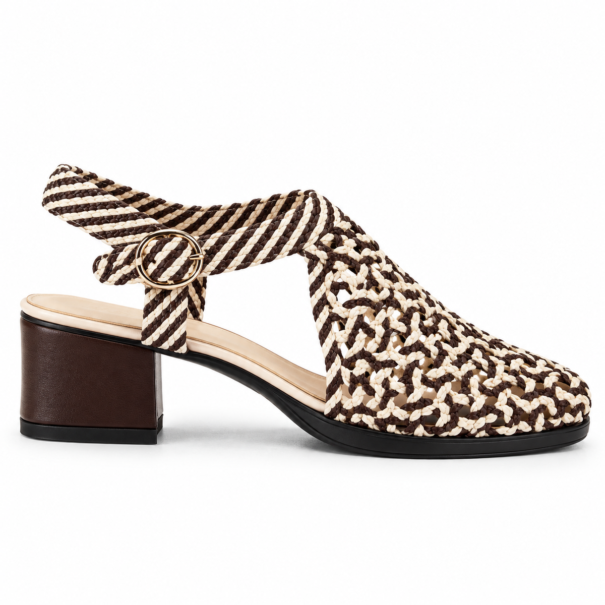 Vesba 3cm — Brown-and-cream patterned woven shoe with a block heel, side view — Scarpe Handmade