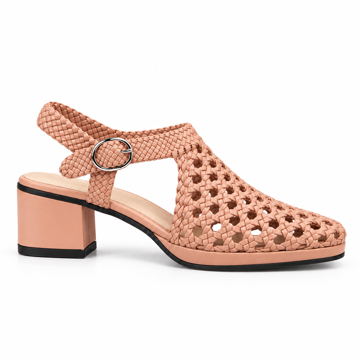 Vesba 3cm — Dusty pink woven shoe with a block heel, side view — Scarpe Handmade