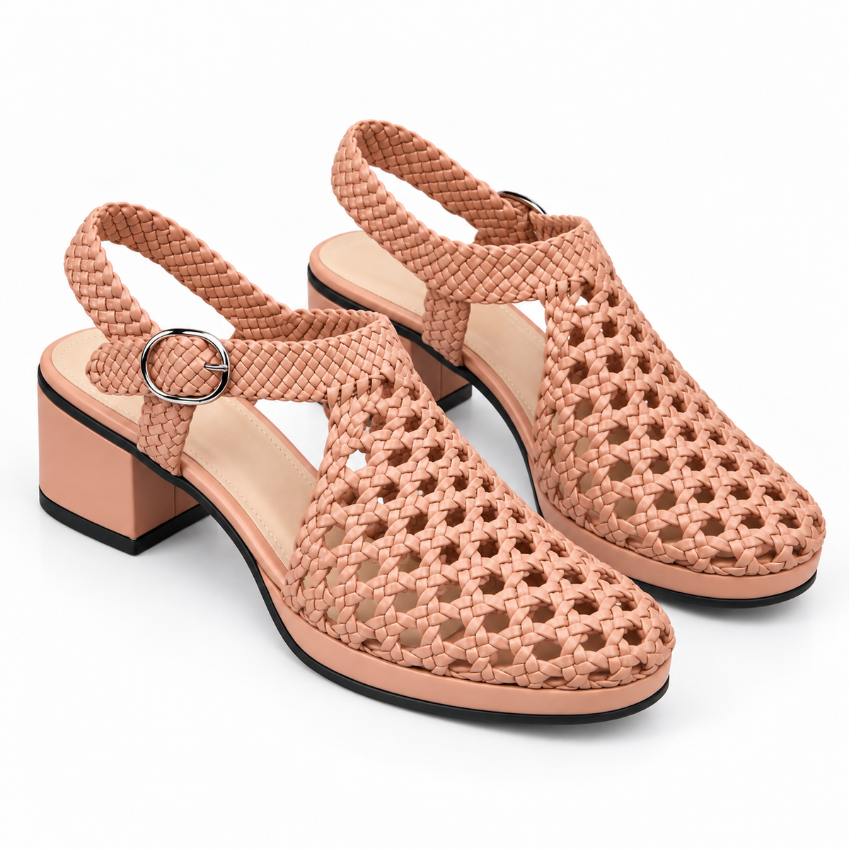 Vesba 3cm — Dusty pink woven shoe with a block heel, pair, top angled view — Scarpe Handmade