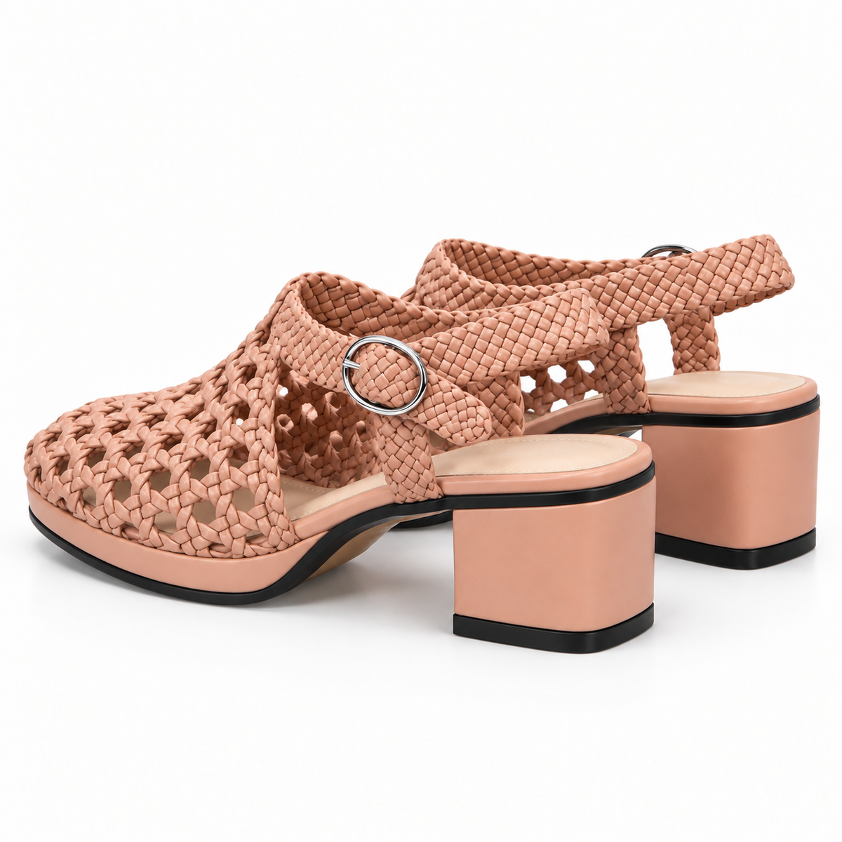 Vesba 3cm — Dusty pink woven shoe with a block heel, pair, rear angled view — Scarpe Handmade