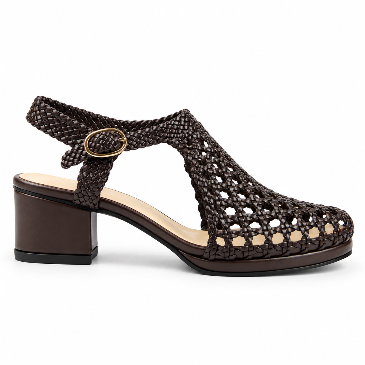 Vesba 3cm — Dark brown woven shoe with a block heel, side view — Scarpe Handmade