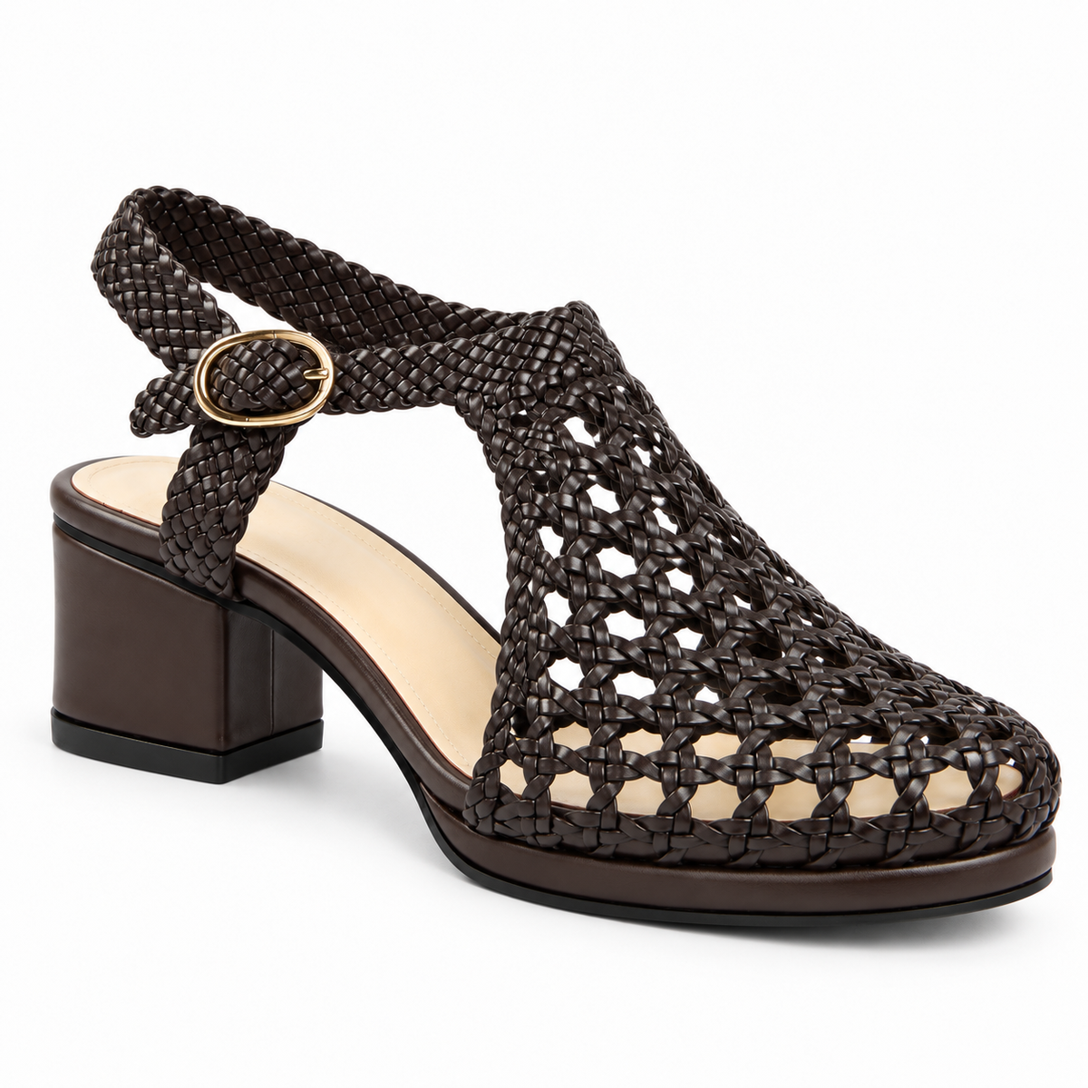 Vesba 3cm — Dark brown woven shoe with a block heel, front angled view — Scarpe Handmade