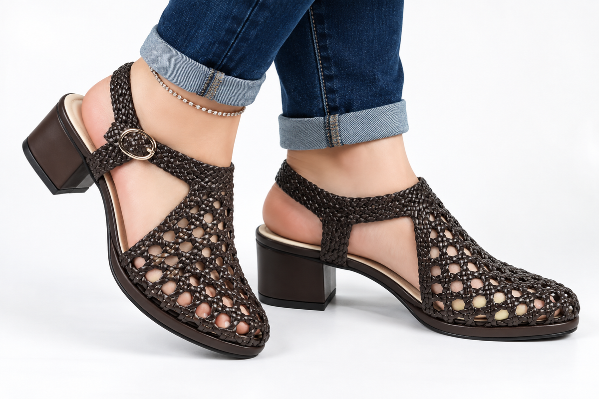 Vesba 3cm — Dark brown woven shoe with a block heel, pair worn with cuffed jeans — Scarpe Handmade
