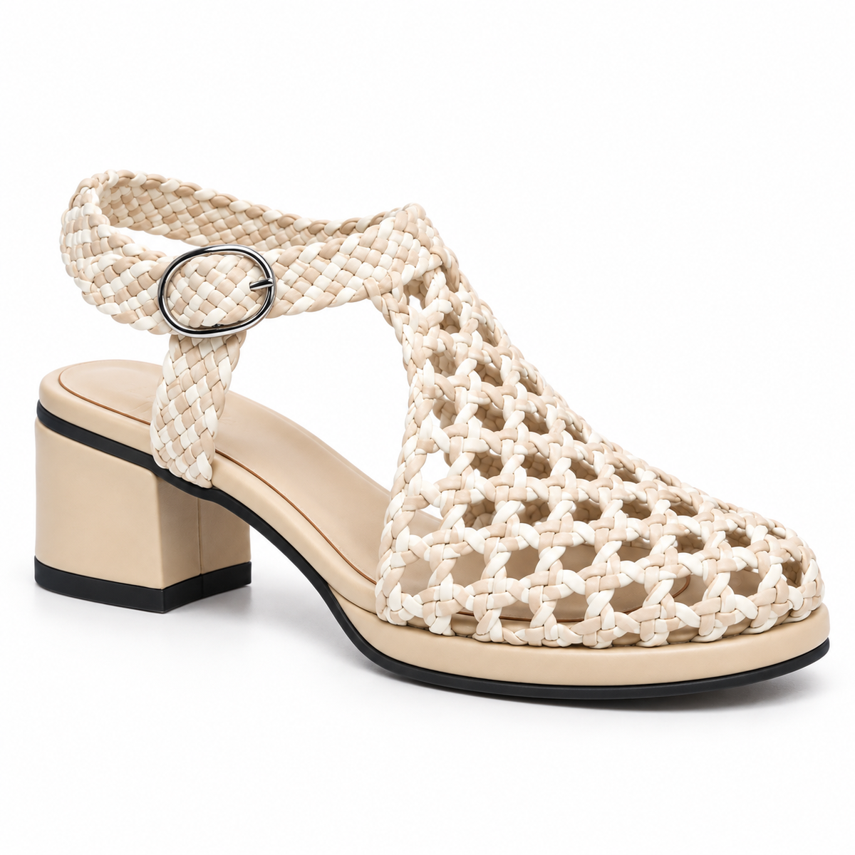 Vesba 3cm — Cream woven shoe with a block heel, front angled view — Scarpe Handmade