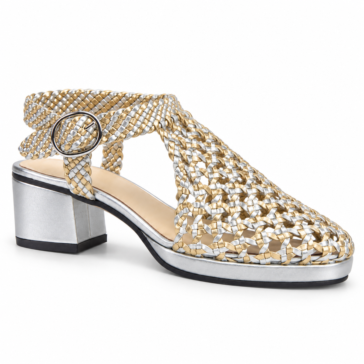 Vesba 3cm — Metallic with a gold-and-silver woven pattern woven shoe with a block heel, front angled view — Scarpe Handmade