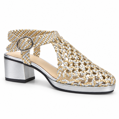 Vesba 3cm — Metallic with a gold-and-silver woven pattern woven shoe with a block heel, front angled view — Scarpe Handmade