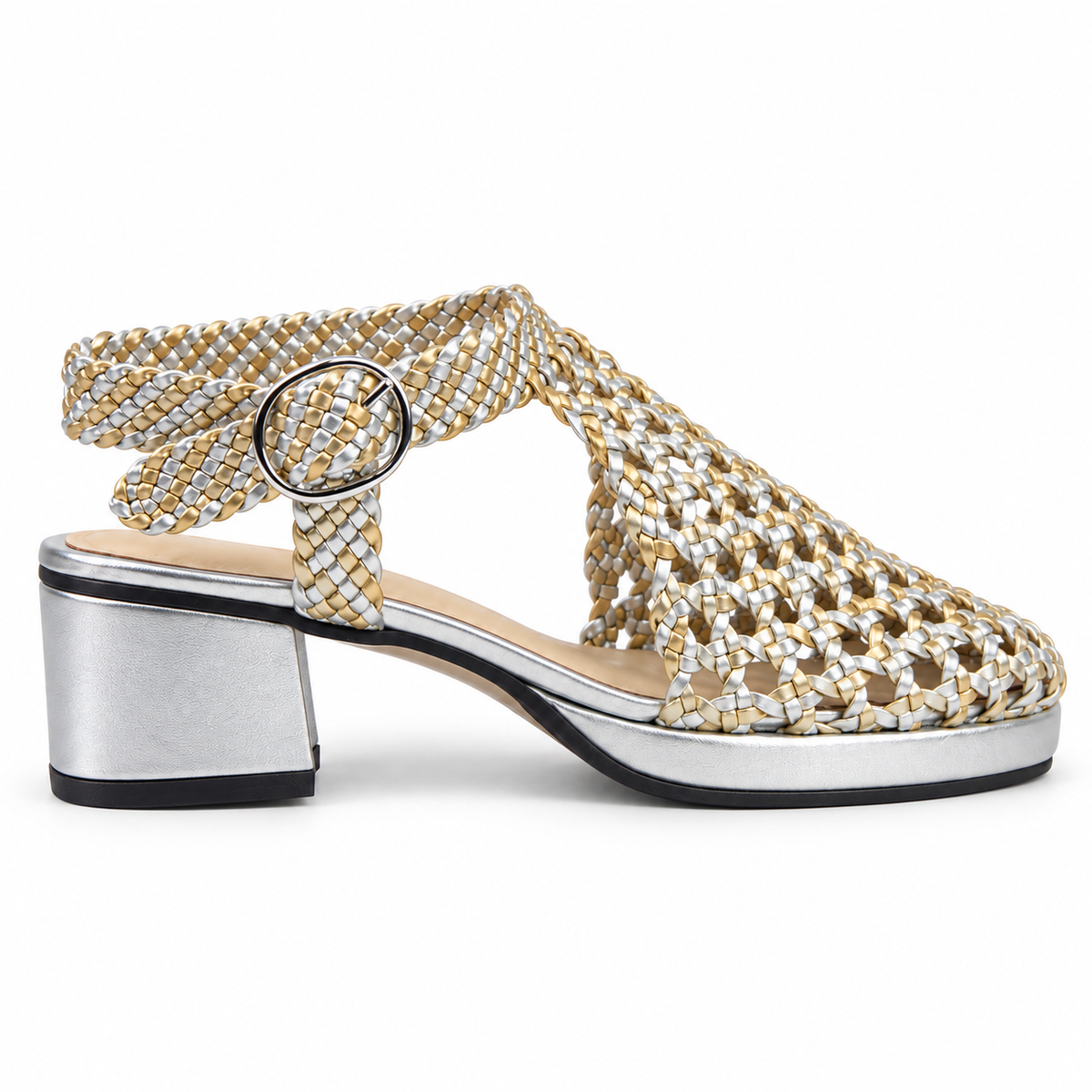 Vesba 3cm — Metallic with a gold-and-silver woven pattern woven shoe with a block heel, side view — Scarpe Handmade