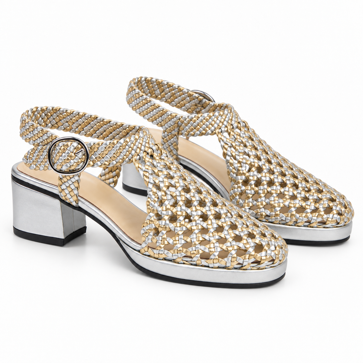 Vesba 3cm — Metallic with a gold-and-silver woven pattern woven shoe with a block heel, pair, front angled view — Scarpe Handmade