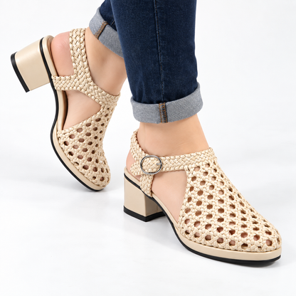 Vesba 3cm — Beige woven shoe with a block heel, pair worn with cuffed jeans — Scarpe Handmade