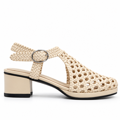 Vesba 3cm — Beige woven shoe with a block heel, side view — Scarpe Handmade