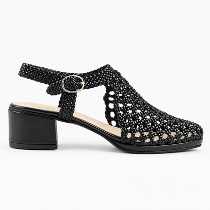 Vesba 3cm — Black woven shoe with a block heel, side view — Scarpe Handmade