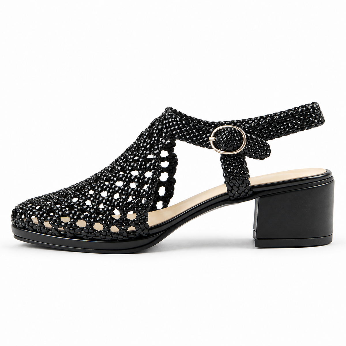 Vesba 3cm — Black woven shoe with a block heel, opposite side view — Scarpe Handmade