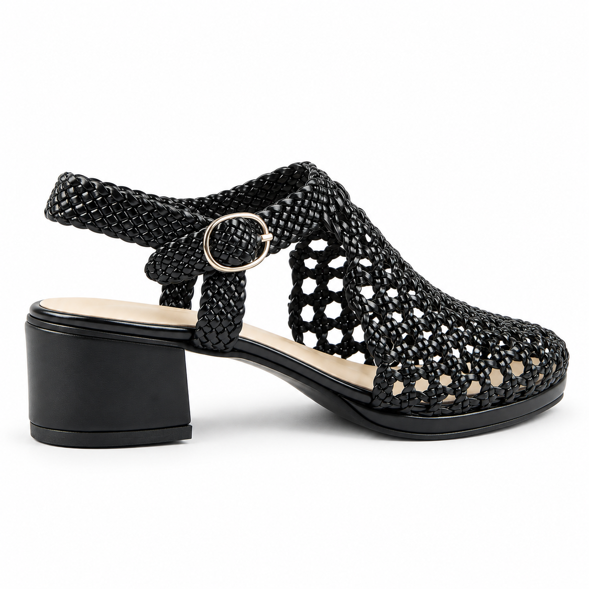 Vesba 3cm — Black woven shoe with a block heel, rear angled view — Scarpe Handmade