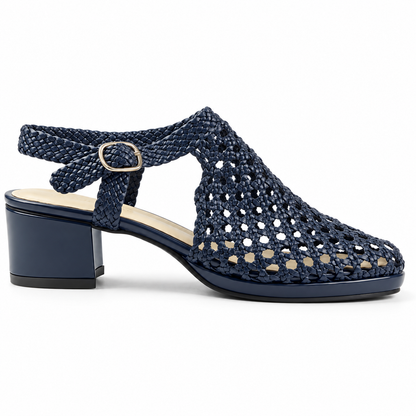 Vesba 3cm — Navy woven shoe with a block heel, side view — Scarpe Handmade
