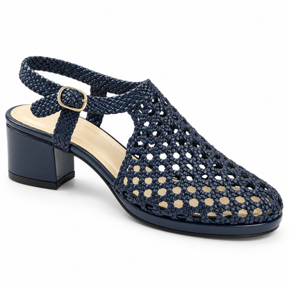 Vesba 3cm — Navy woven shoe with a block heel, top angled view — Scarpe Handmade