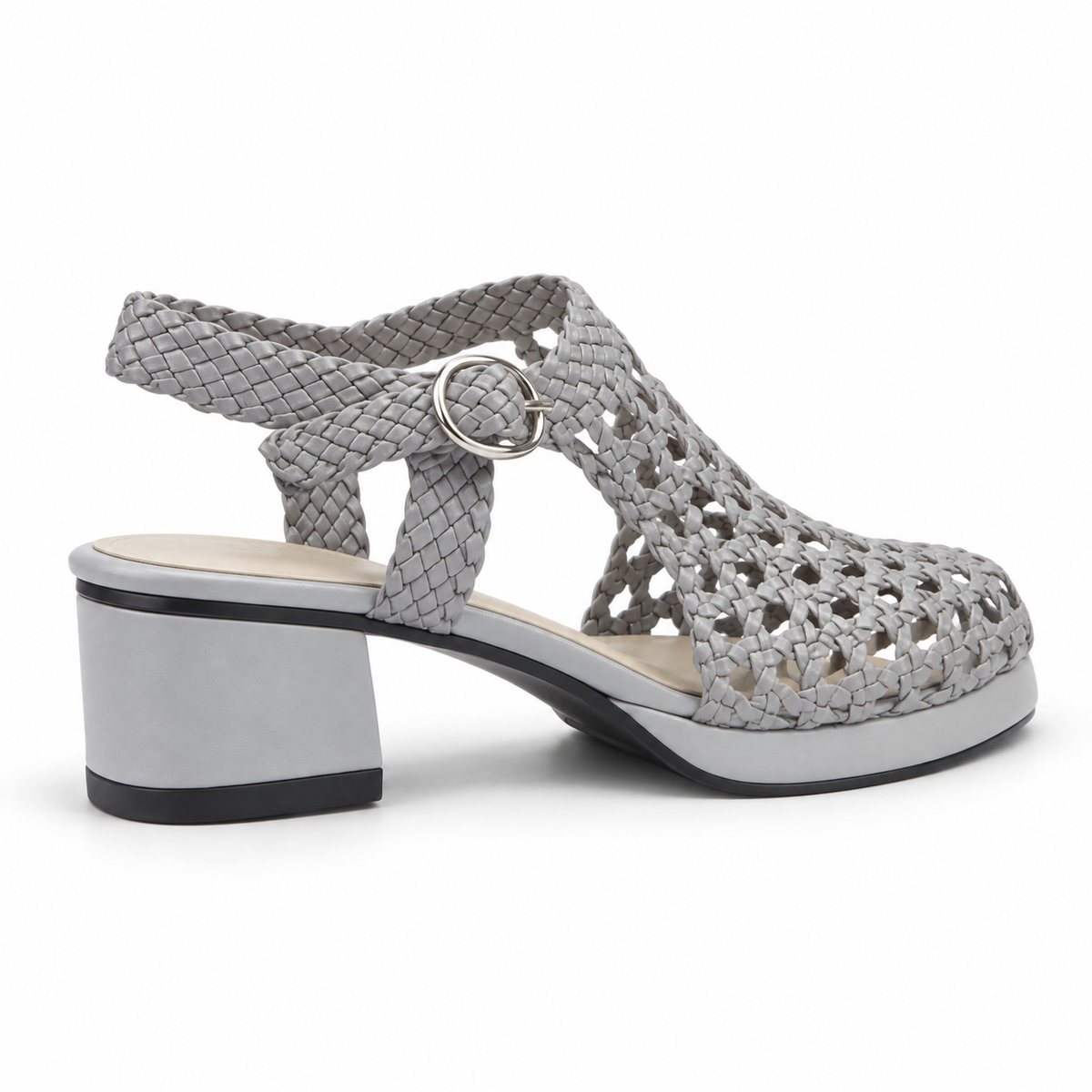 Vesba 3cm — Silver woven shoe with a block heel, rear angled view — Scarpe Handmade