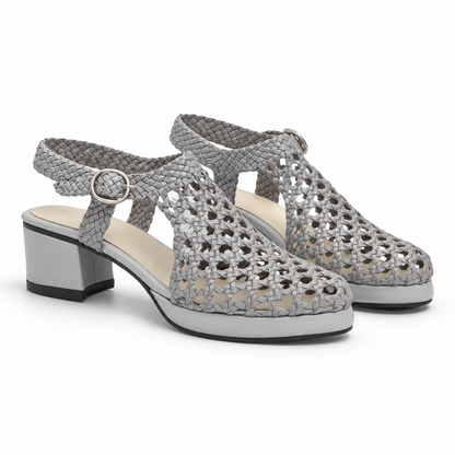 Vesba 3cm — Silver woven shoe with a block heel, pair, front angled view — Scarpe Handmade