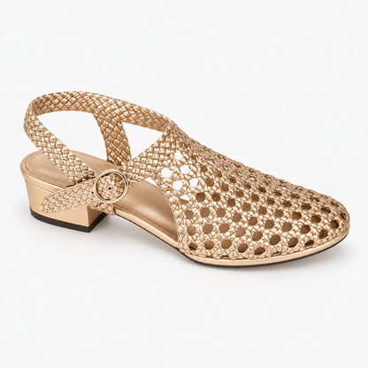 Vesba 3cm — Gold woven shoe with a block heel, front angled view — Scarpe Handmade