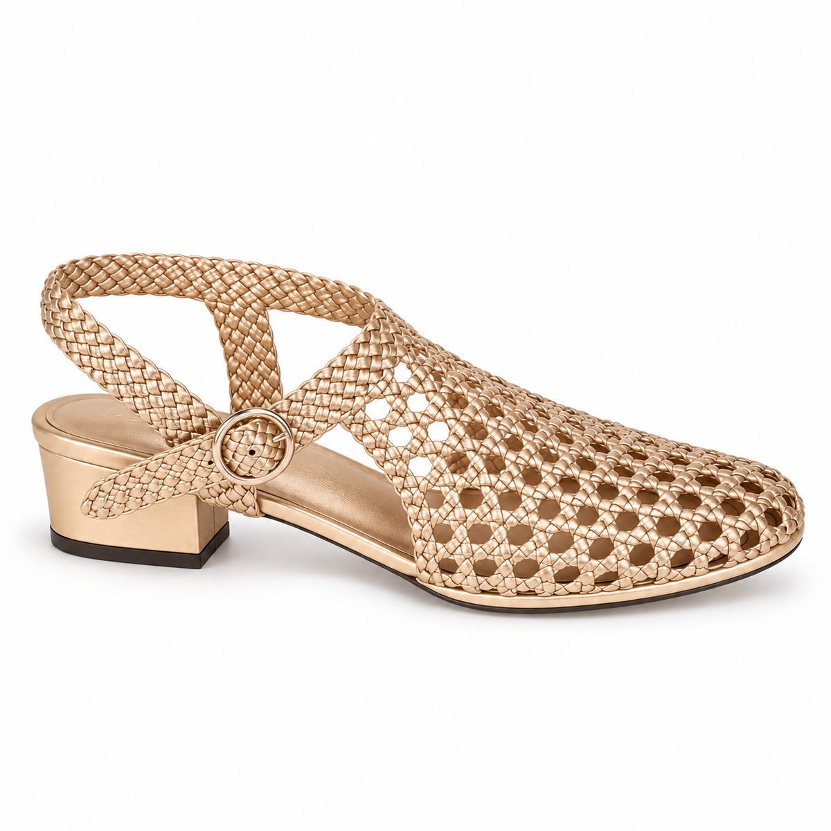 Vesba 3cm — Gold woven shoe with a block heel, side view — Scarpe Handmade