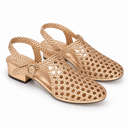 Vesba 3cm — Gold woven shoe with a block heel, pair, top angled view — Scarpe Handmade