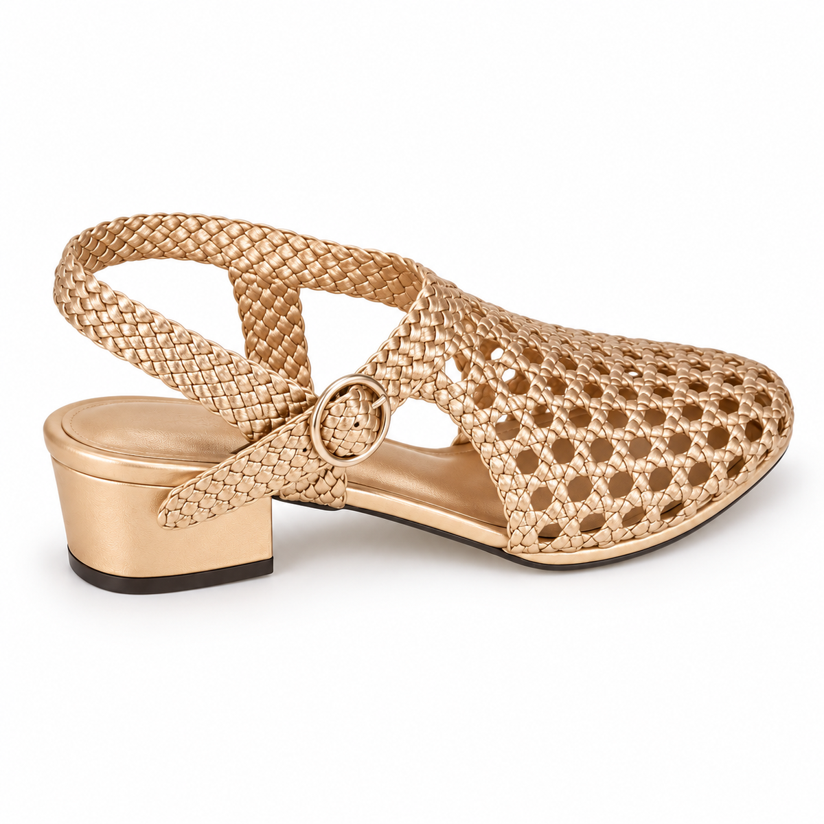 Vesba 3cm — Gold woven shoe with a block heel, rear angled view — Scarpe Handmade