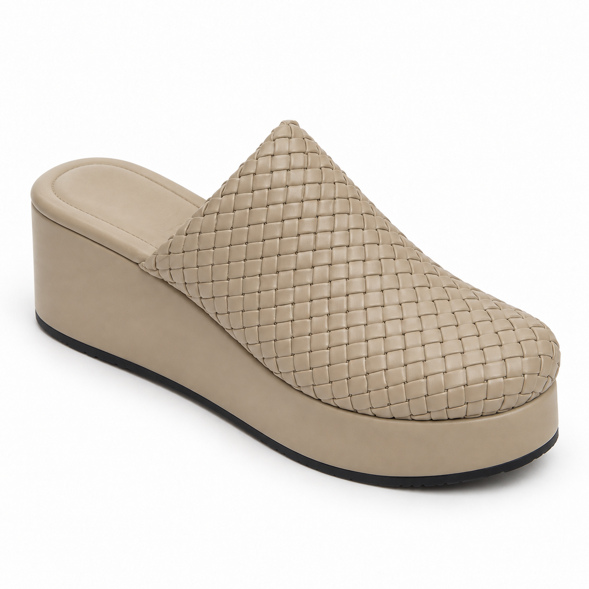 Sabot wedge 6cm — Beige woven slip-on mule with a wedge sole, front angled view — Scarpe Handmade