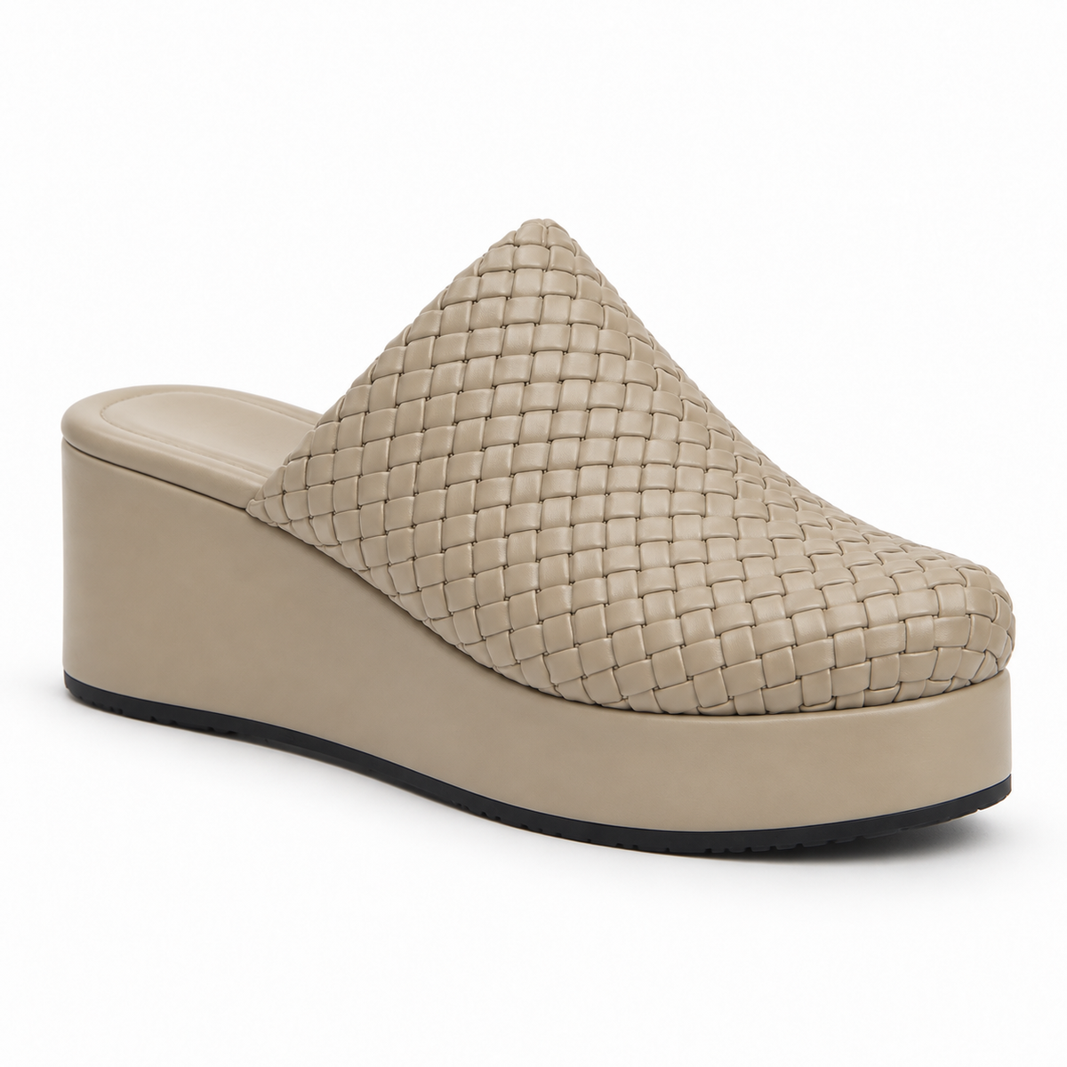 Sabot wedge 6cm — Beige woven slip-on mule with a wedge sole, front angled view — Scarpe Handmade