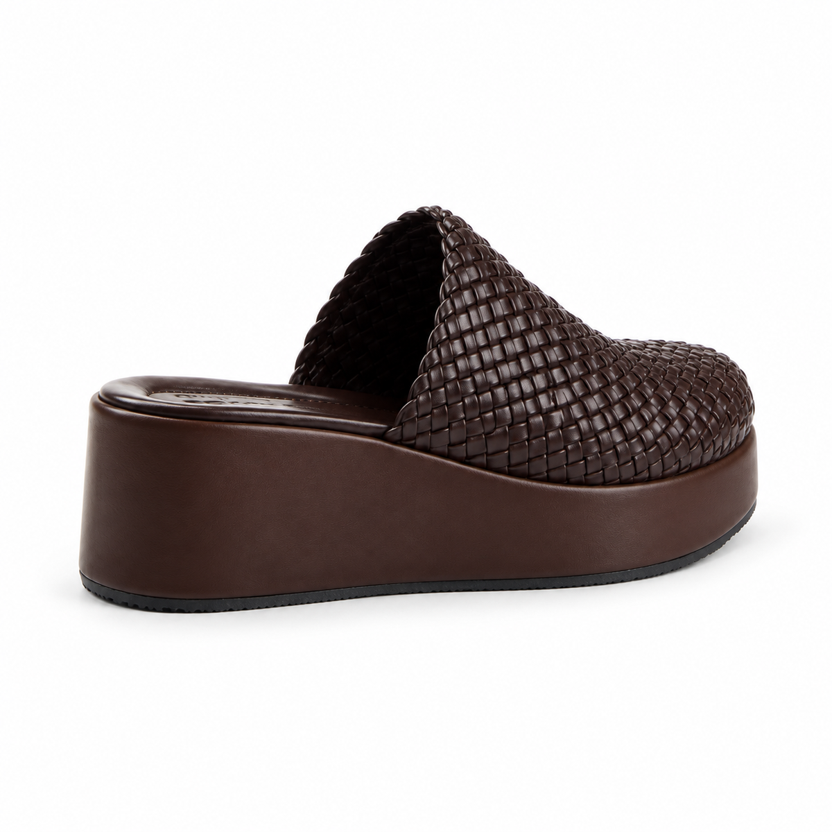 Sabot wedge 6cm — Dark brown woven slip-on mule with a wedge sole, rear angled view — Scarpe Handmade