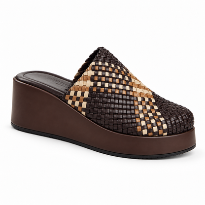 Sabot wedge 6cm — Brown with a tan checked band woven slip-on mule with a wedge sole, side view — Scarpe Handmade