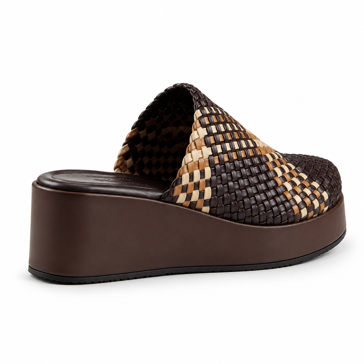 Sabot wedge 6cm — Brown with a tan checked band woven slip-on mule with a wedge sole, rear angled view — Scarpe Handmade