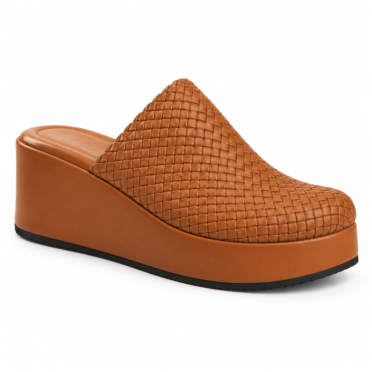 Sabot wedge 6cm — Cognac woven slip-on mule with a wedge sole, front angled view — Scarpe Handmade