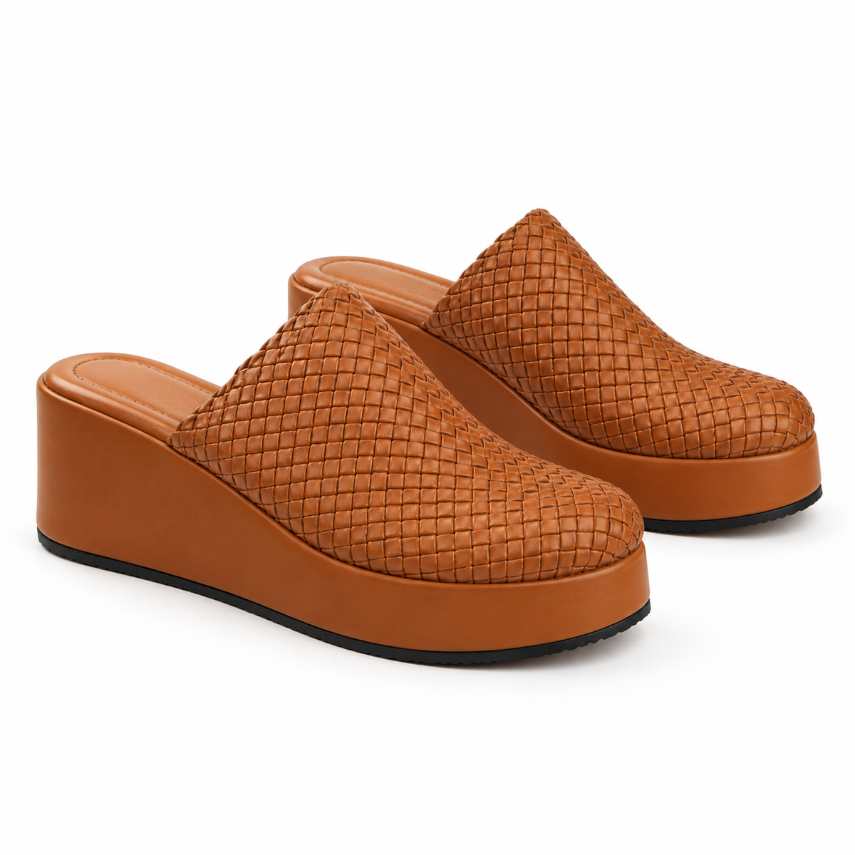 Sabot wedge 6cm — Cognac woven slip-on mule with a wedge sole, pair, front angled view — Scarpe Handmade