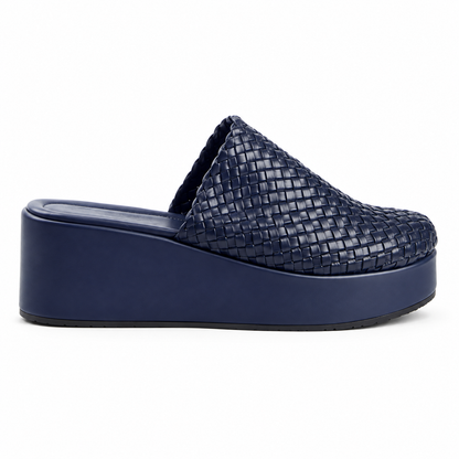 Sabot wedge 6cm — Navy woven slip-on mule with a wedge sole, side view — Scarpe Handmade