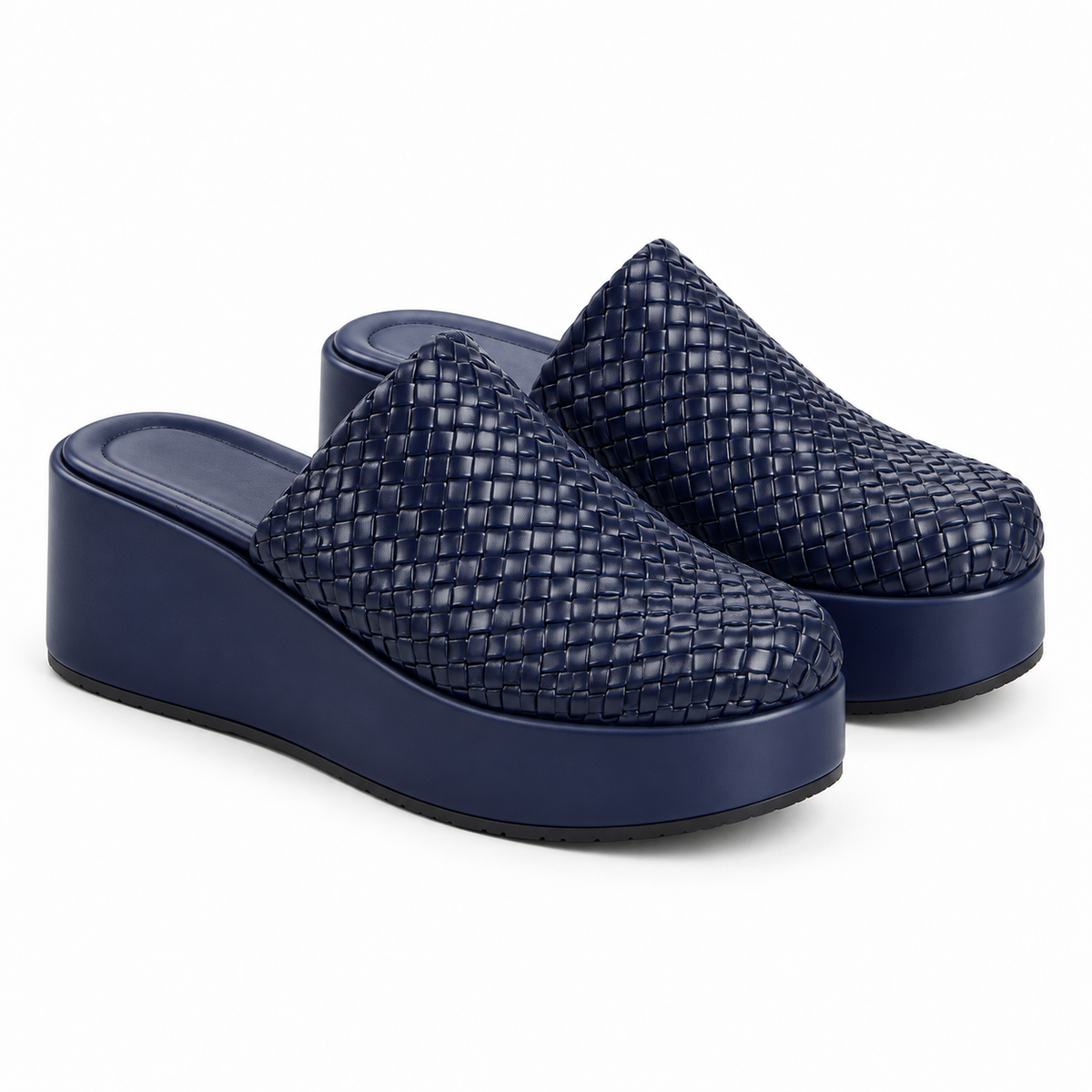 Sabot wedge 6cm — Navy woven slip-on mule with a wedge sole, pair, front angled view — Scarpe Handmade