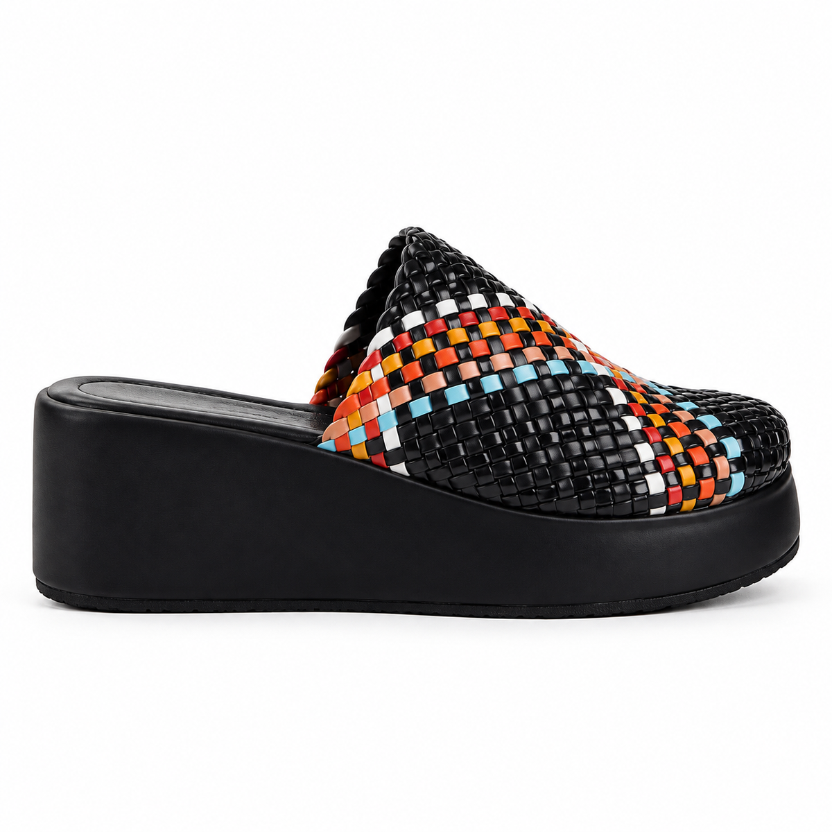 Sabot wedge 6cm — Black with a multicolored checked band woven slip-on mule with a wedge sole, side view — Scarpe Handmade