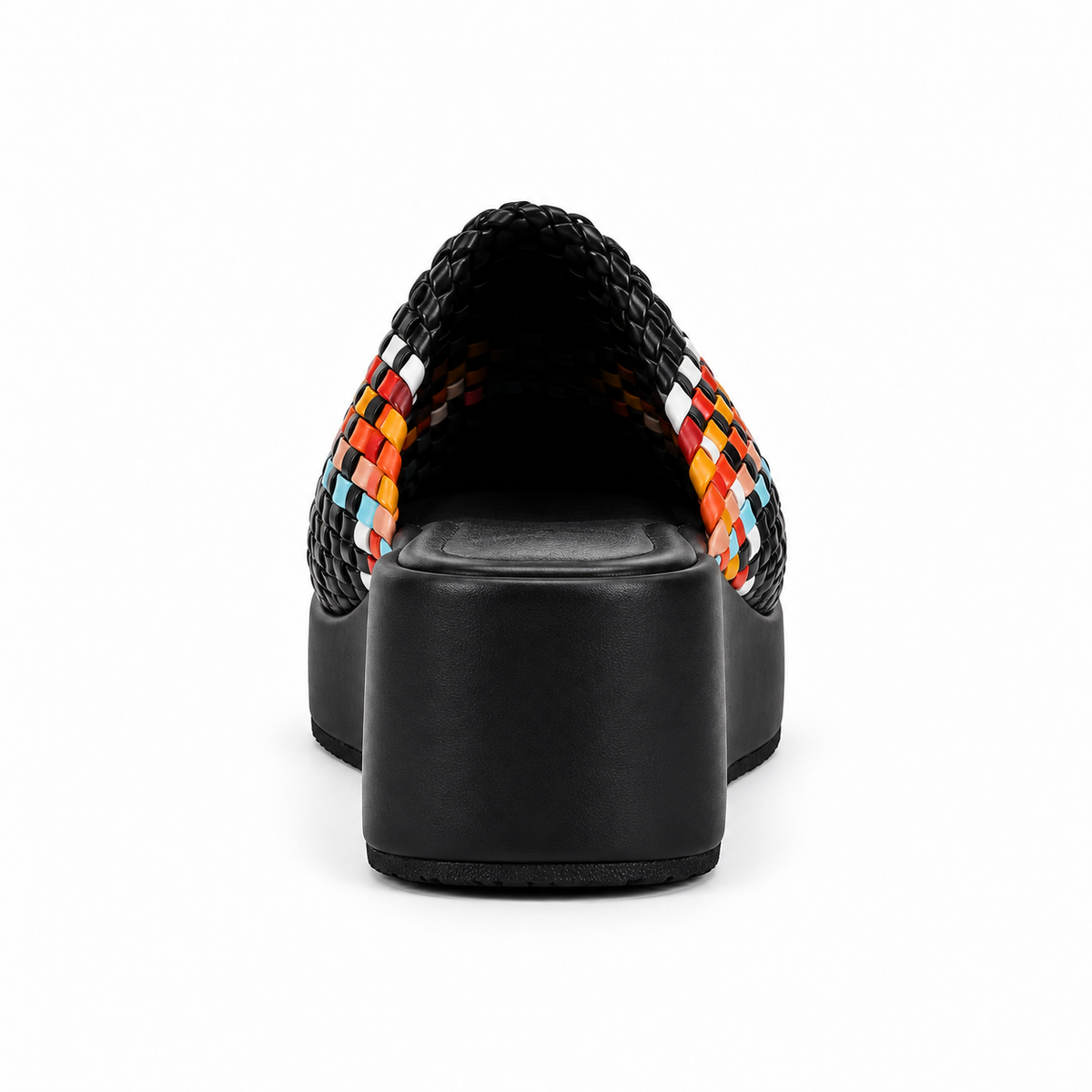 Sabot wedge 6cm — Black with a multicolored checked band woven slip-on mule with a wedge sole, rear view — Scarpe Handmade