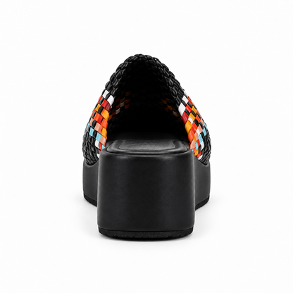 Sabot wedge 6cm — Black with a multicolored checked band woven slip-on mule with a wedge sole, rear view — Scarpe Handmade