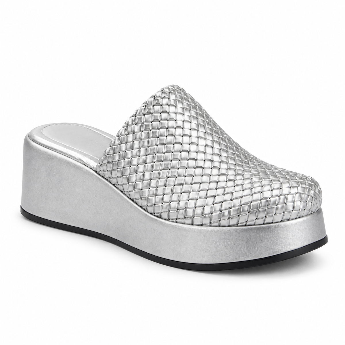 Sabot wedge 6cm — Silver woven slip-on mule with a wedge sole, front angled view — Scarpe Handmade