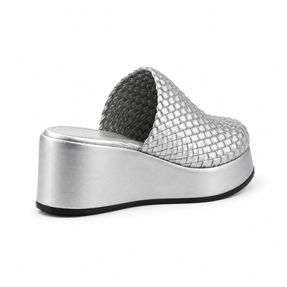 Sabot wedge 6cm — Silver woven slip-on mule with a wedge sole, rear angled view — Scarpe Handmade