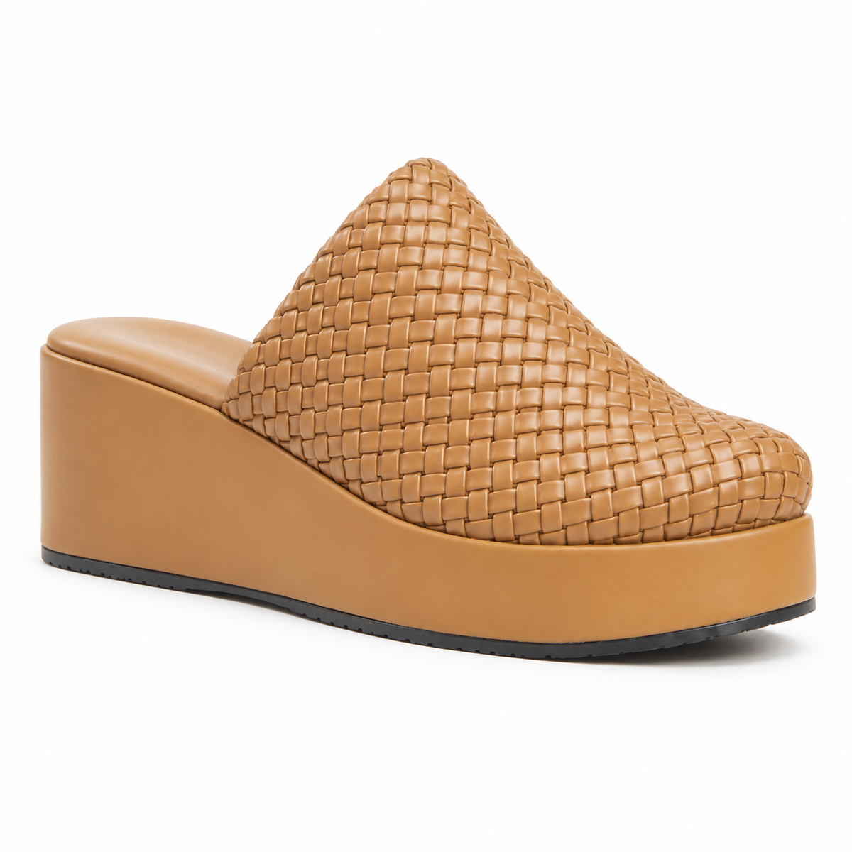 Sabot wedge 6cm — Tan woven slip-on mule with a wedge sole, front angled view — Scarpe Handmade