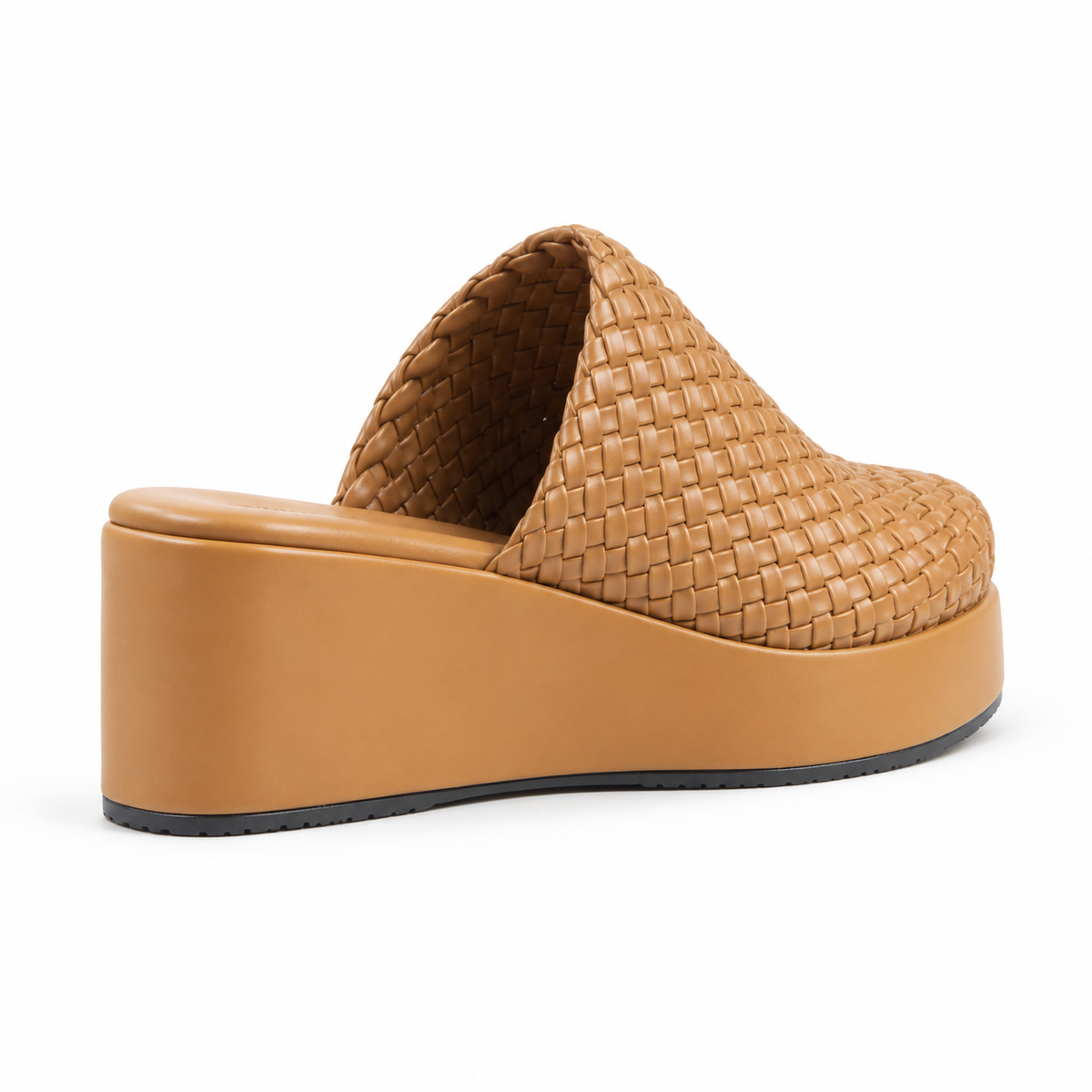 Sabot wedge 6cm — Tan woven slip-on mule with a wedge sole, rear angled view — Scarpe Handmade