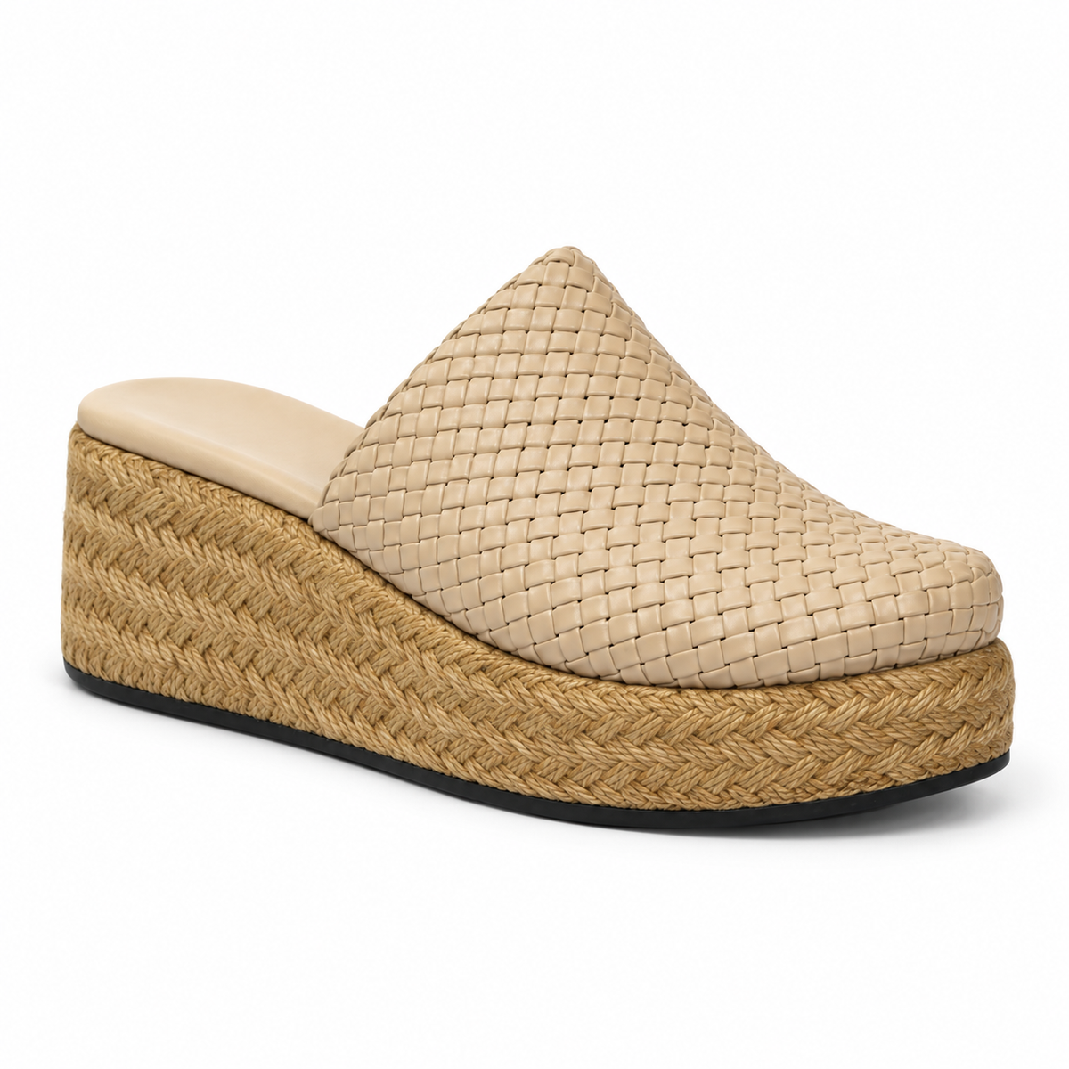 Sabot wedge 6cm — Beige with a rope-textured sole woven slip-on mule with a wedge sole, front angled view — Scarpe Handmade