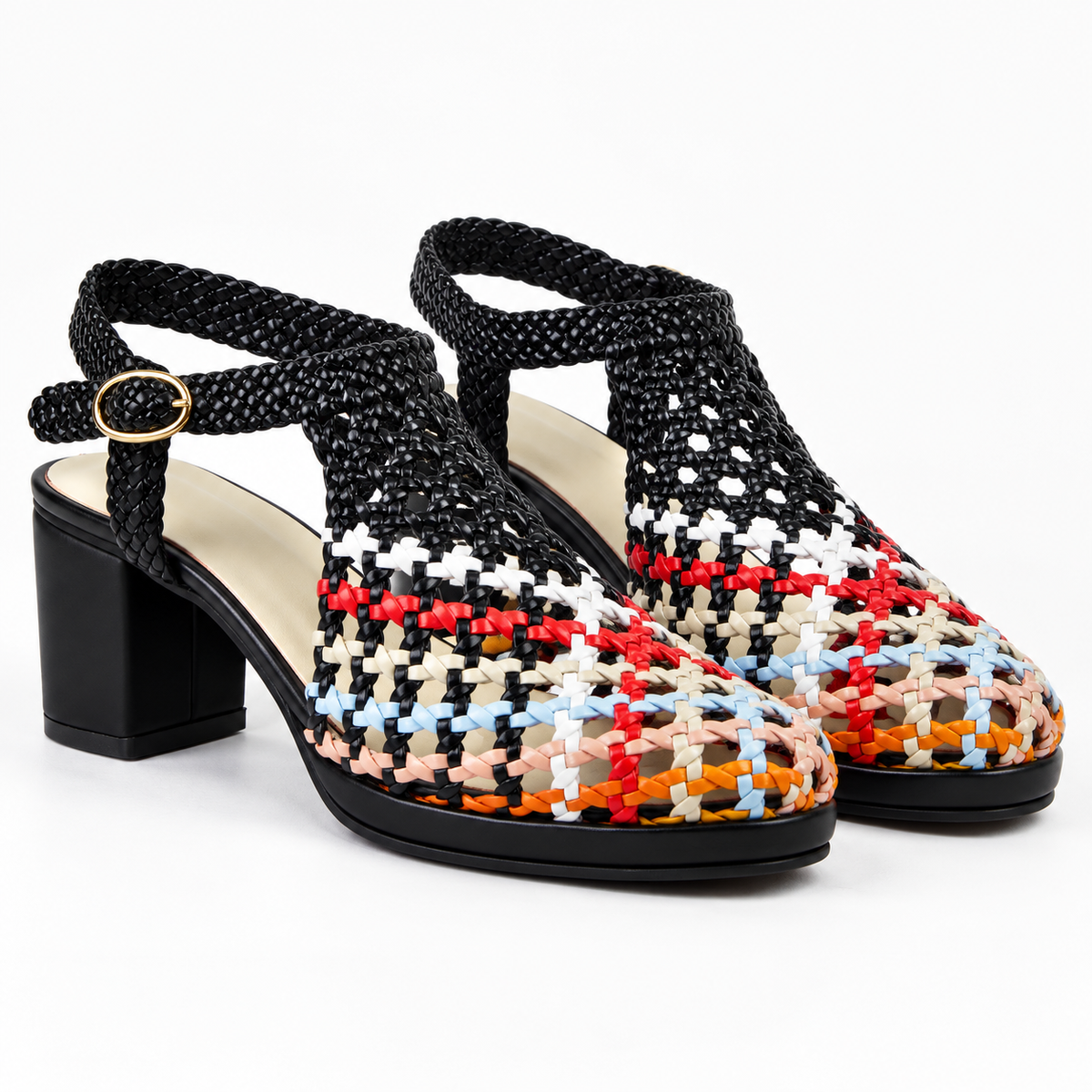 Vesba 5cm — Black with multicolored woven front woven shoe with a block heel, pair, front angled view — Scarpe Handmade