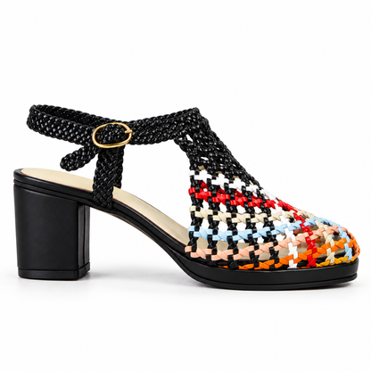 Vesba 5cm — Black with multicolored woven front woven shoe with a block heel, side view — Scarpe Handmade